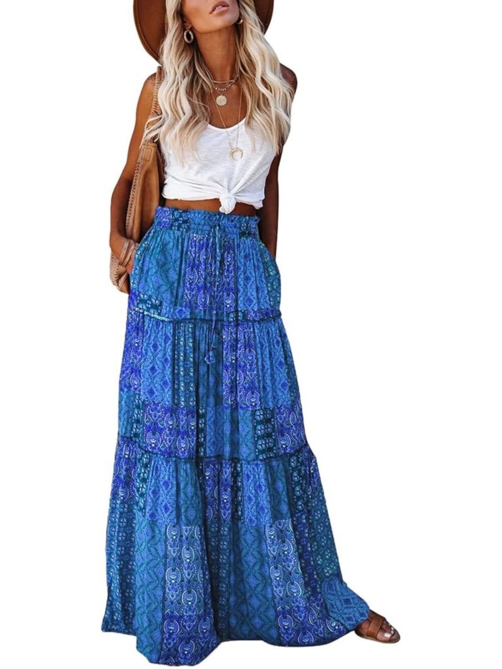 Boho Maxi Skirt for Women - High Waist, Flowy, Pockets, Perfect for Beach